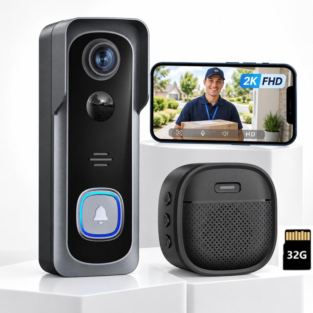 WLAN-videodeurbel met camera, 2K HD, draadloos, met Productafbeelding 