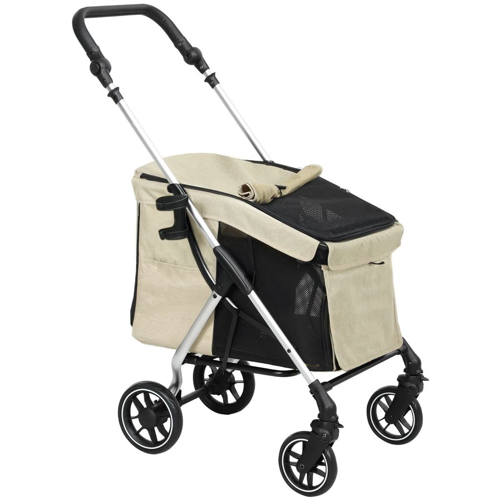 Hundewagen leicht Hundebuggy aus Aluminium klappbar für Hunde/Katzen bis 10kg Katzenbuggy mit Kissen Netzfenstern Türen Aufbewahrungskorb Katzenw...