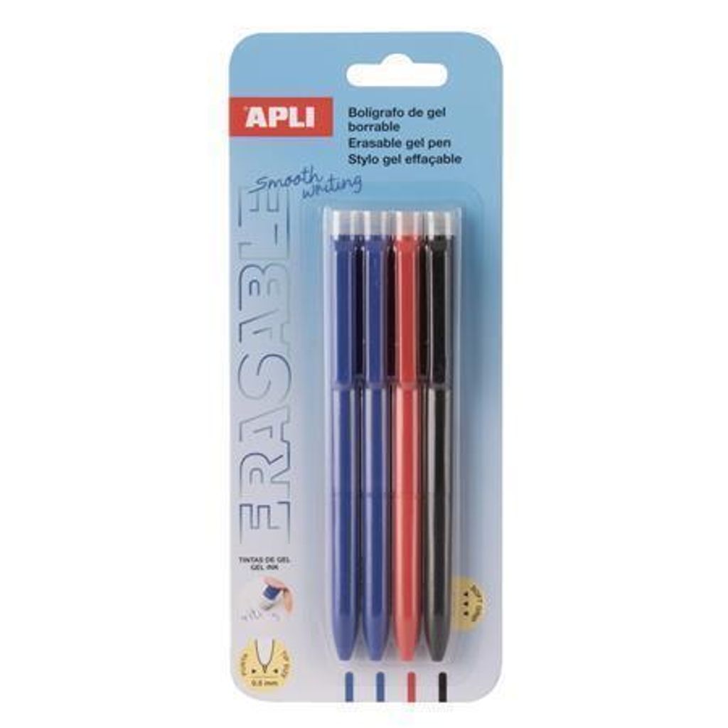 Gelschreiber "Erasable", 3 verschiedene Farben, 0,5 mm, löschbar, Squeeze-Mechanismus, 4 Stück, APLI 20517