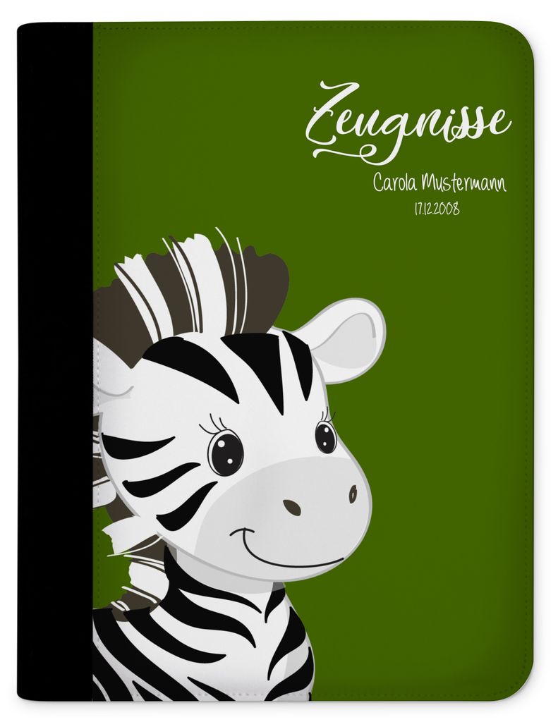 Zeugnismappe, Dokumentenmappe, Ordner A4, Zebra Grün mit Klarsichthüllen