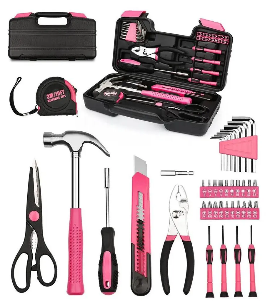 Outils à main pour les réparations domestiques avec coffret rose