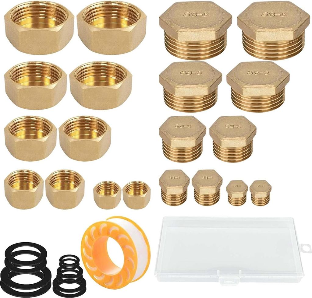 20-teiliges Set Messingdoppen: Für 1/8 bis 3/4 Zoll Rohre, Mit Gewinde und Aufbewahrungsbox