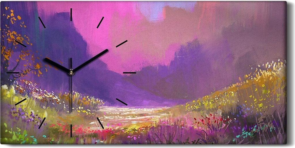 Wandbild Leinwand Bilder mit Uhr Quarz 60x30 Berg Landschaft mit bunte Blumen - schwarze Hände