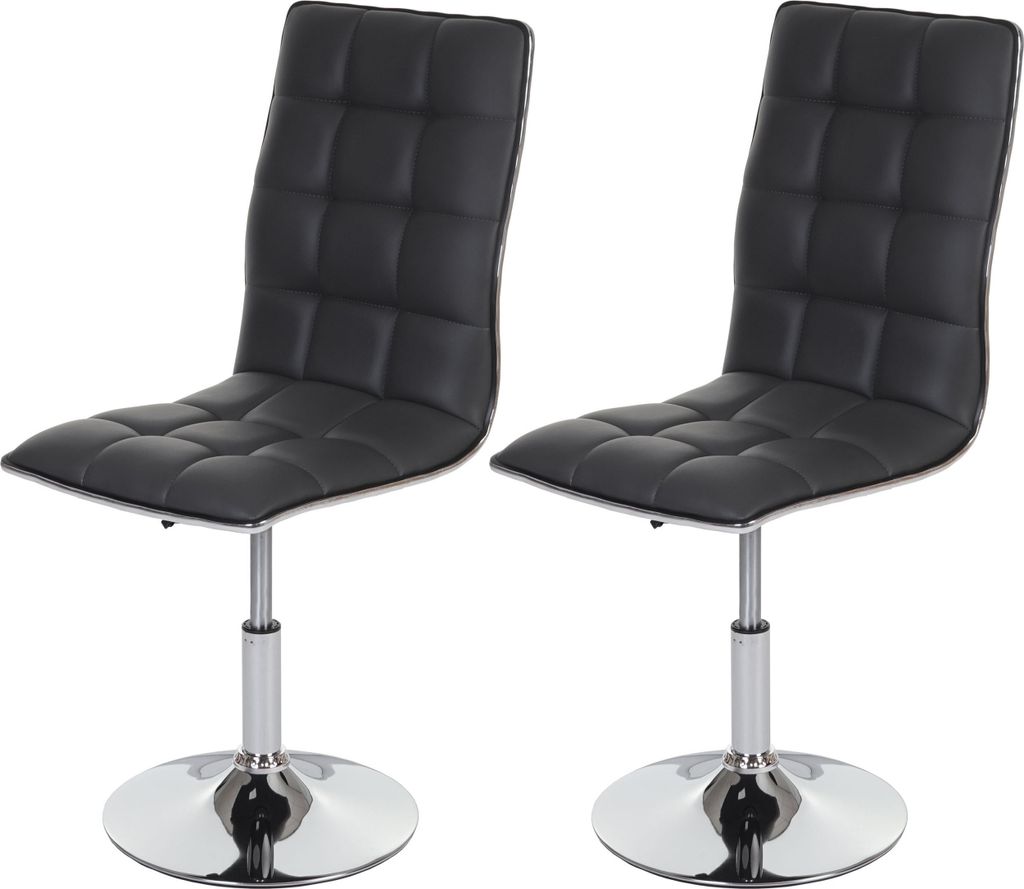 Two black dining chairs with chrome bases against a white background.
