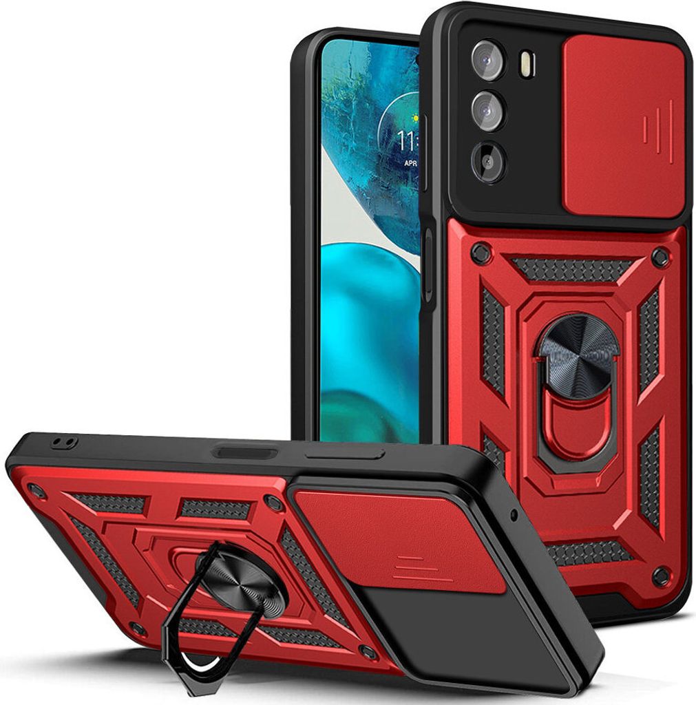 Moto G52 Hülle mit Ring Ständer Halter Dia Kameraschutz TPU PC Schutzhülle für Motorola Moto G52 Rot