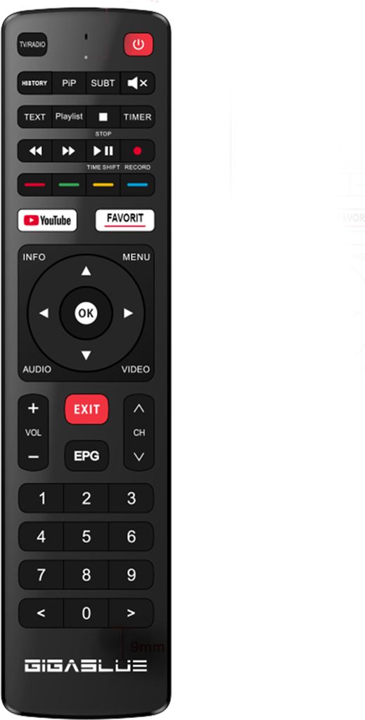 A black remote control is shown against a white background.