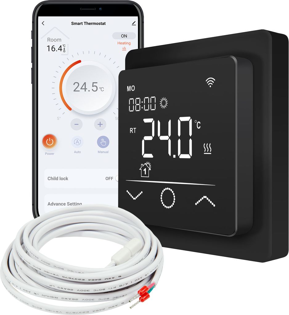 Mi-Heat Mi-750 Raumthermostat WLAN schwarz - Tuya Smart App Alexa Google Home - wassergeführte und elektrische Fußbodenheizung - Sensoren kalibri...