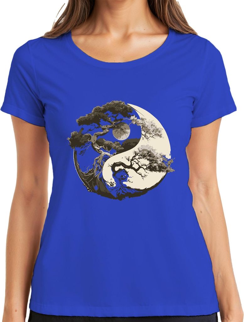 Baum des Lebens Yin Yang Mond Zen Balance Natur Meditation Yoga Damen T-Shirt, Blau, XL