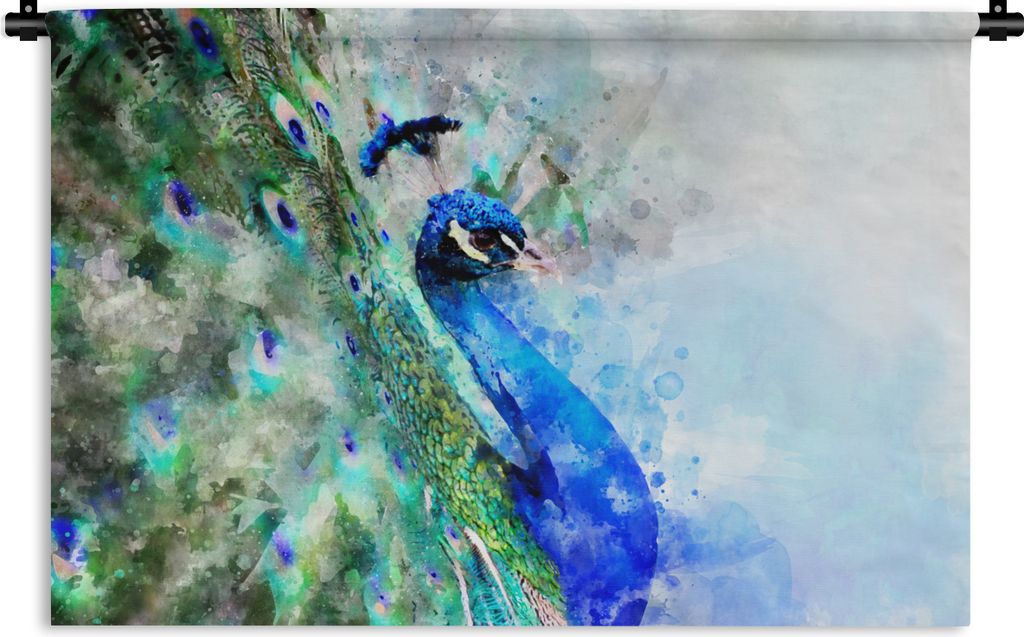 MuchoWow Wandteppich Wandbehang Aquarell - Pfau - Blau 60x40 cm Tapisserie Dekoration Wandtuch - Wanddekorationen