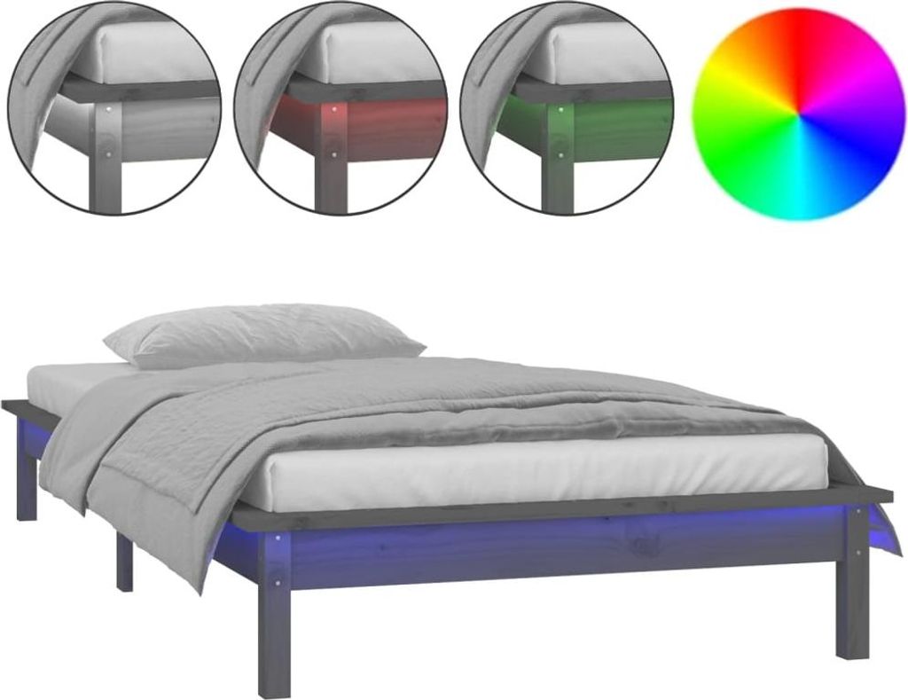 vidaXL Massivholzbett mit LEDs Grau 75x190 cm