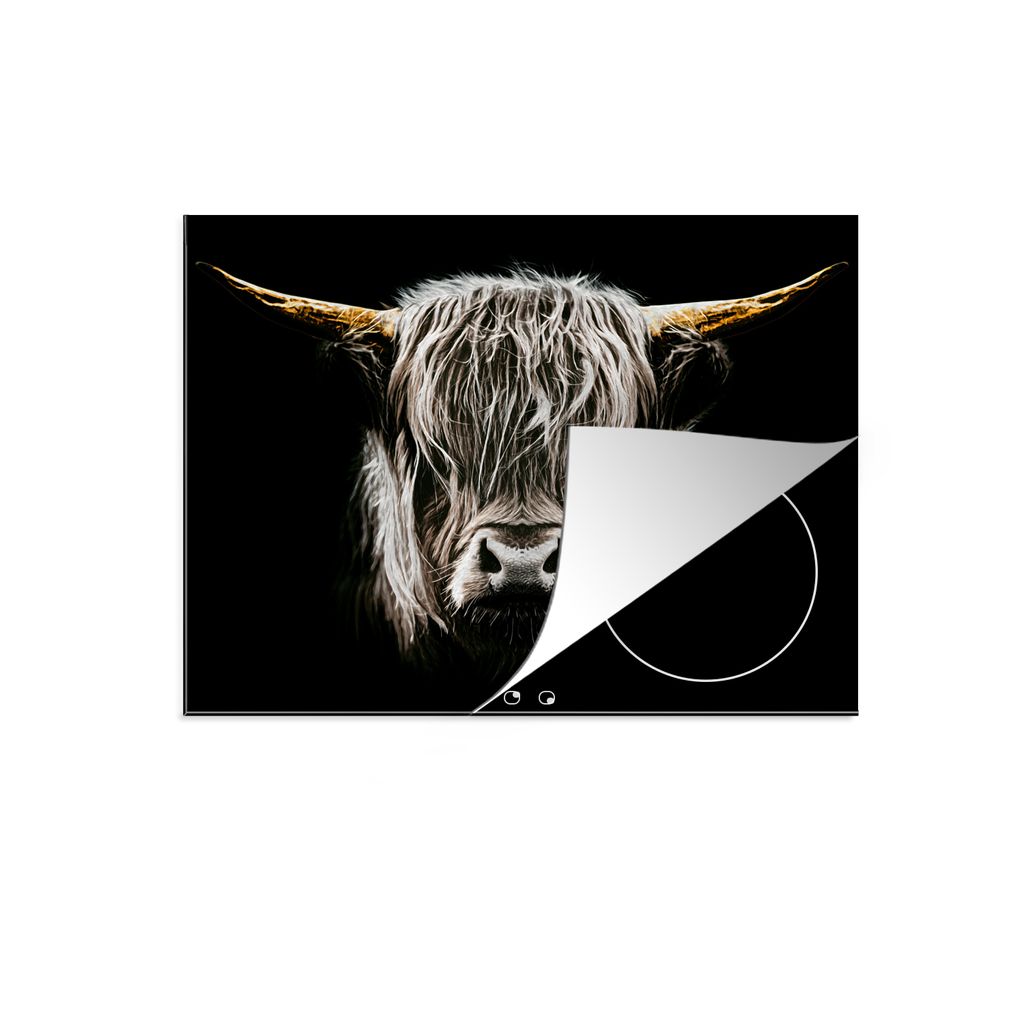 KitchenYeah Herdabdeckplatte Schottischer Highlander - Gold - Hörner - Schwarz und weiß - Kuh - Tiere , 77x59cm, Küche Deko, Glaskeramikkochfe...