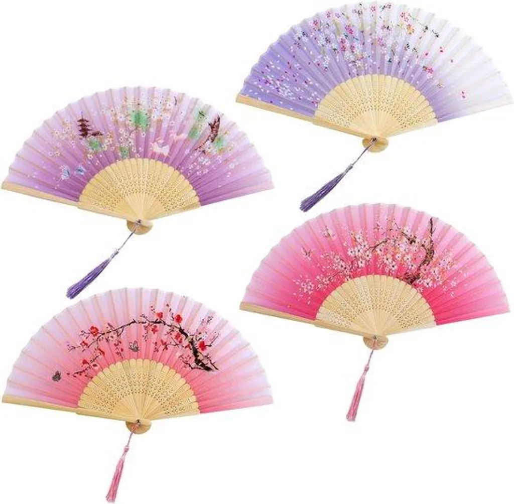 Grand éventail à main en bambou pour femme tons rose et violet pastel