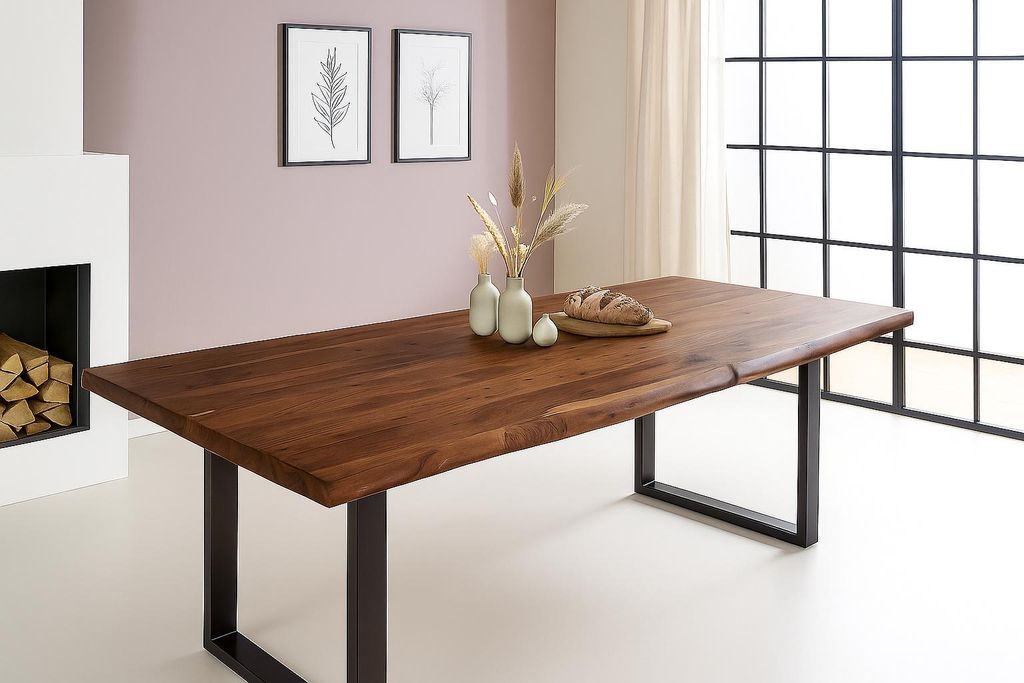 Esstisch Baumkante 260 x 110 cm Akazie Nussbaum U-Gestell schwarz VALIN