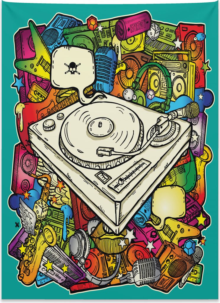 Abakuhaus urban Graffiti Wandteppich, Würfel-Mikrofon aus Weiches Mikrofaser Stoff Kein Verblassen Klare Farben Waschbar, 110 x 150 cm, Mehrfarbig