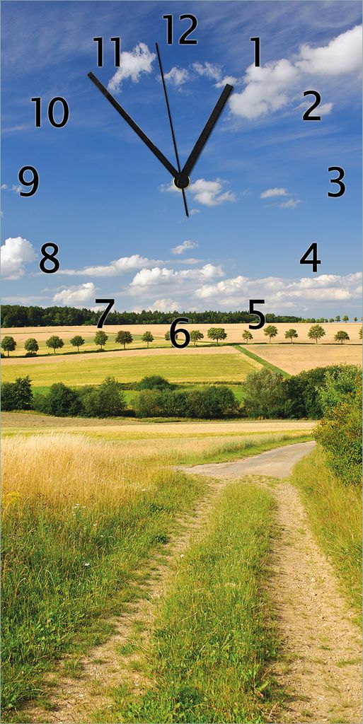 Wallario Design Wanduhr bedruckt, Größe 30 x 60 cm, Motiv: Feldlandschaft unter blauem Himmel