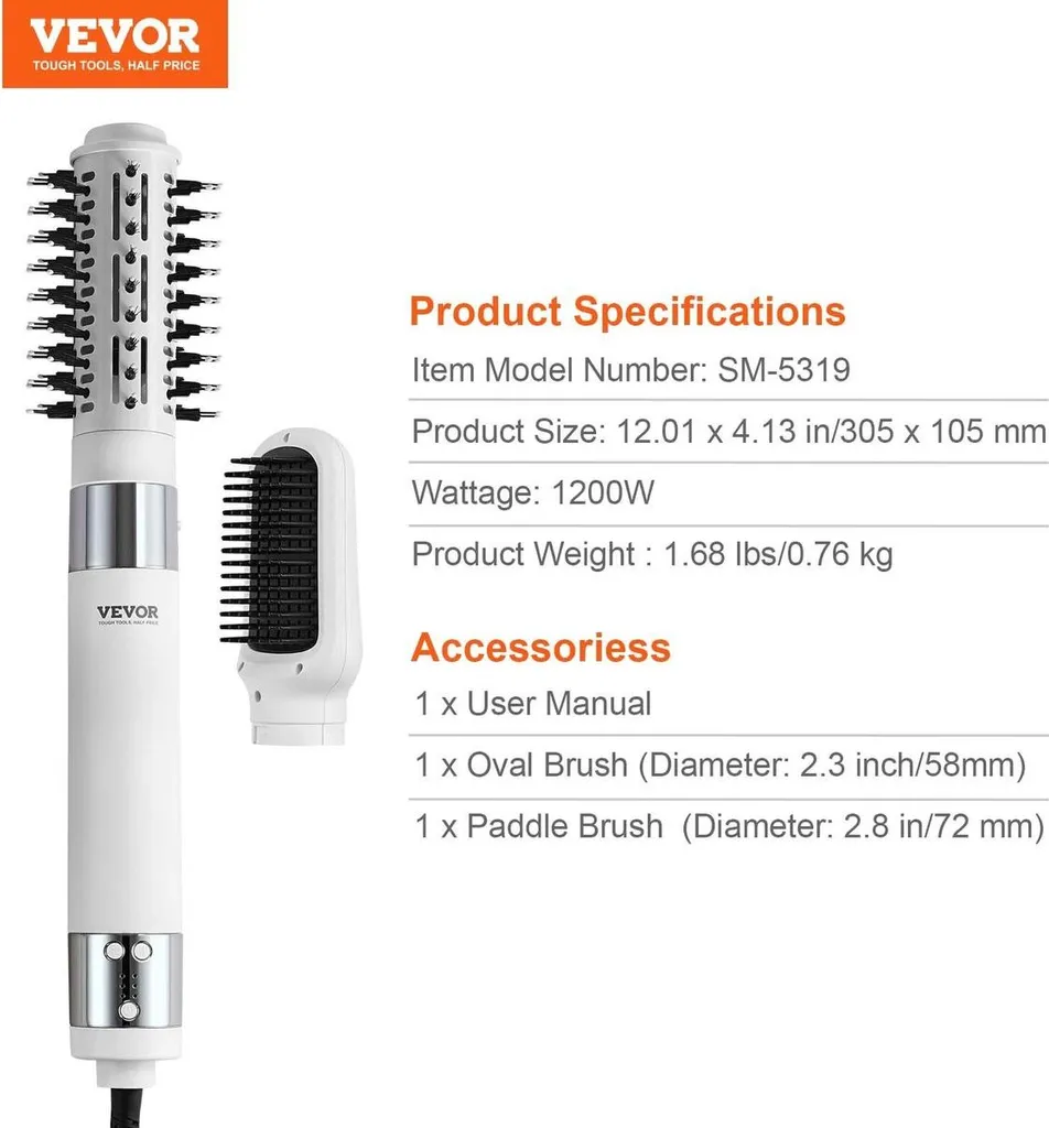 Brosse à air chaud ionique avec 2 brosses interchangeables noires