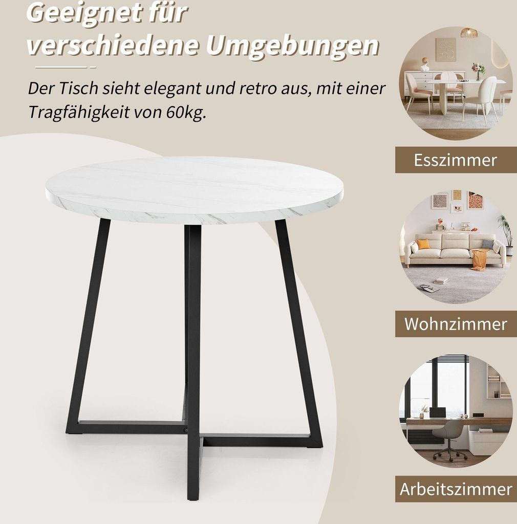Runder Esstisch 1 Stück Küchentisch 80x80x75 cm einzigartiges Metallgestell Marmormuster geeignet Esszimmer Wohnzimmer Esstisch Weiß/Schwarz
