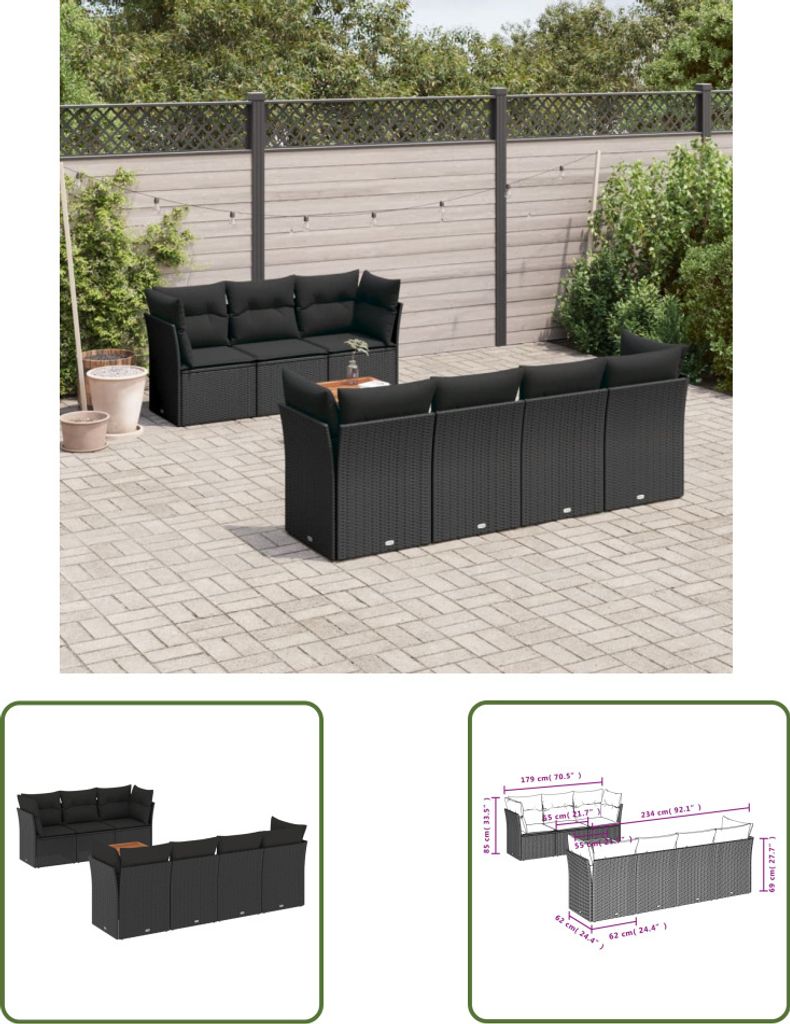 The Living Store 8-tlg. Garten-Sofagarnitur mit Kissen Schwarz Poly Rattan