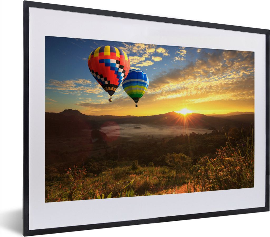 MuchoWow MuchoWow Gerahmtes Poster Heißluftballon - Sonne - Wolken 40x30 cm - Poster mit zchwarzem Bilderrahmen - Bilderrahmen - Poster im Rahmen