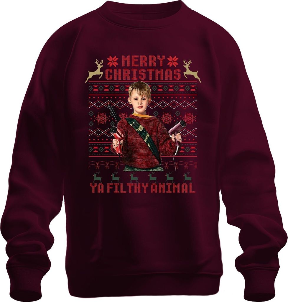 Merry Christmas Ya Filthy Animal Weihnachten Kevin Kult Humor Uni Sweatshirt Pullover, Burgundy, S