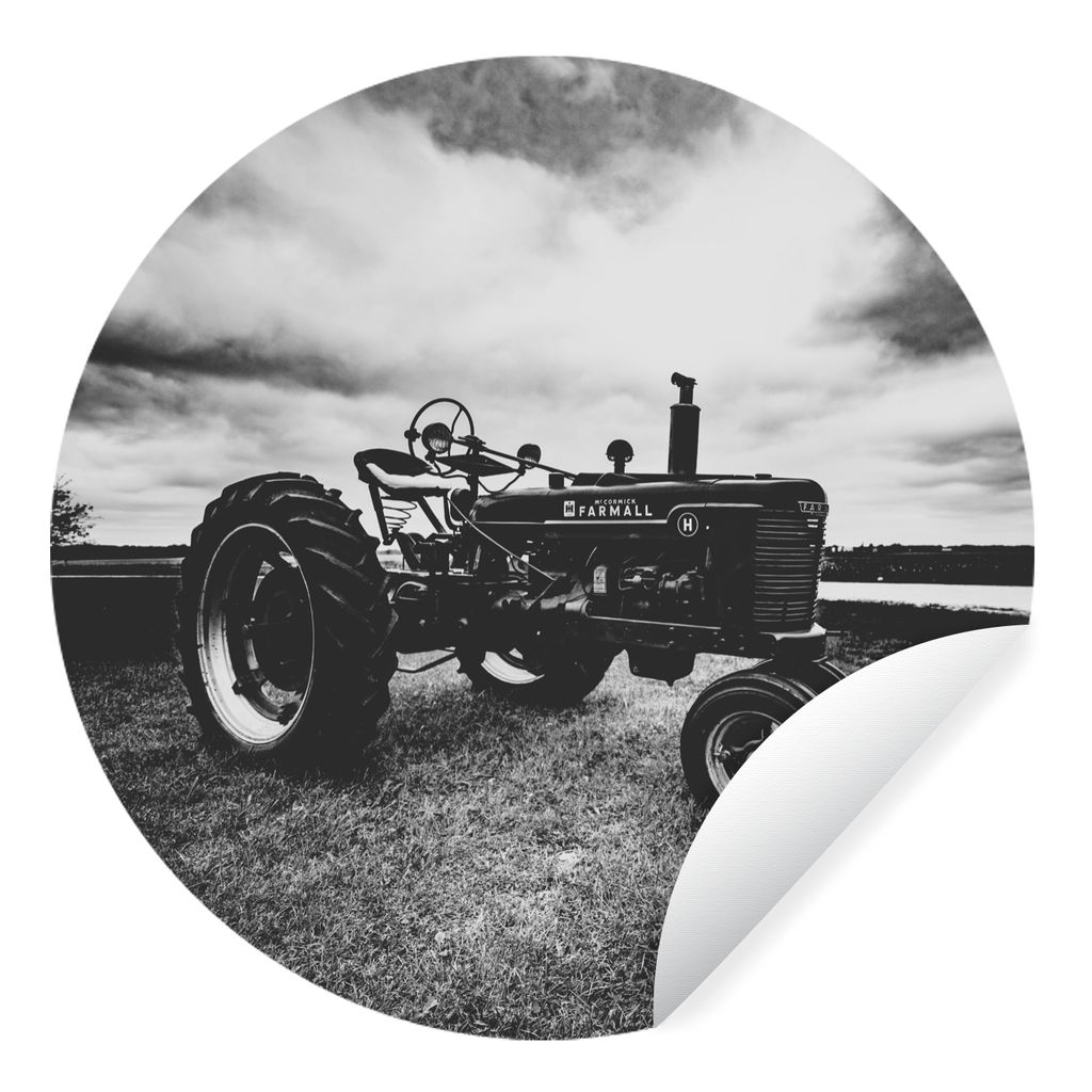 MuchoWow Runde Wandtattoo - Wandsticker Tapete Aufkleber Traktor - Schwarz - Weiß - Bauernhof - Vintage Ø 50 cm Selbstklebend und Repositionier...