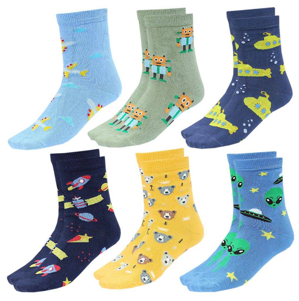 TupTam Kinder Socken Bunt Gemustert 6er Pack für Mädchen und Jungen, Farbe: Weltraum Bär Flugzeug Dunkelblau Blau Grün Gelb, Socken Größe: 23-26