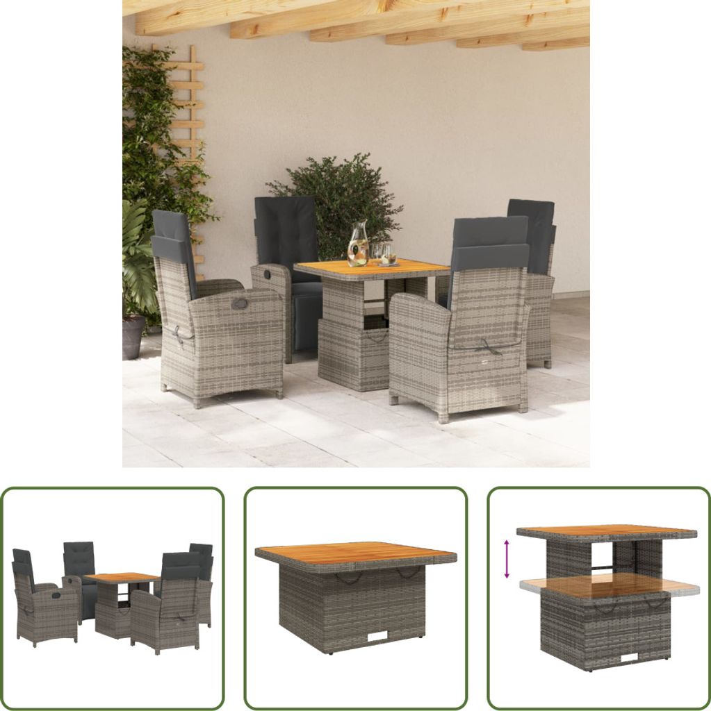 The Living Store 5-tlg. Garten-Essgruppe mit Kissen Grau Poly Rattan