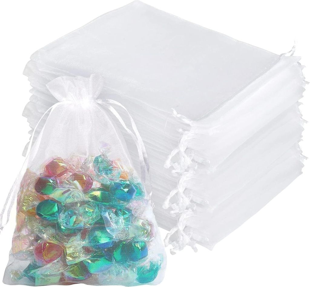 Allecto Plus - Organza Geschenkbeutel 100 Stück 13 x 18 cm - Weiß - Zugband - Schmuck - Süßigkeitentüten - Gastgeschenke - Hochzeit - Geburtst...