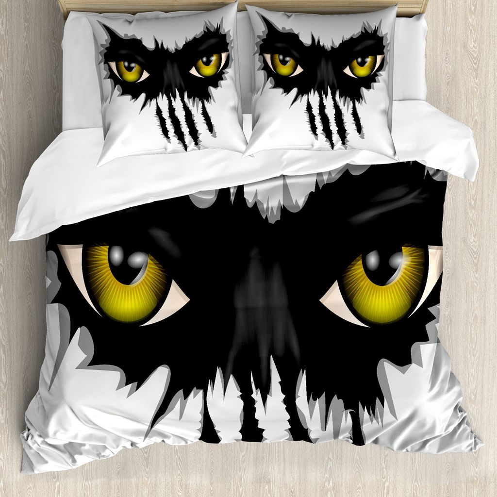 ABAKUHAUS Auge Bettbezug, Schlechte Augen Schwarze Katze Gefahr, Milbensicher Allergiker geeignet mit Kissenbezügen, 200 cm x 200 cm - 80 x 80 cm,...