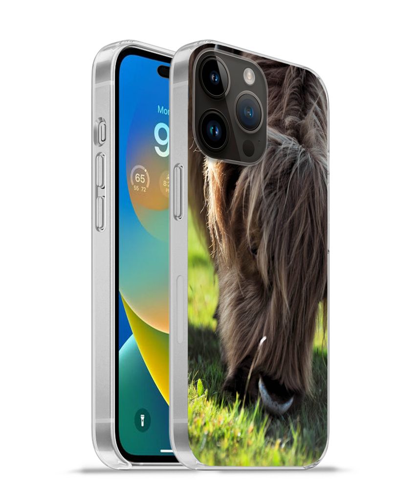MuchoWow Handyhülle Schutzhülle Hülle für Apple iPhone 14 Pro - Softcase Schottischer Highlander - Hörner - Sonne Silikon Softcase Handy Hü...