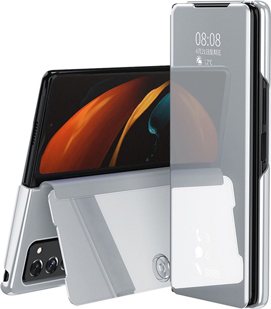 Samsung Galaxy Z Fold2 Hülle, Lichtdurchlässigen Spiegel Abdeckung, Klappetui Kunstleder Schutzhülle für Samsung Galaxy Z Fold 2 5G Silber