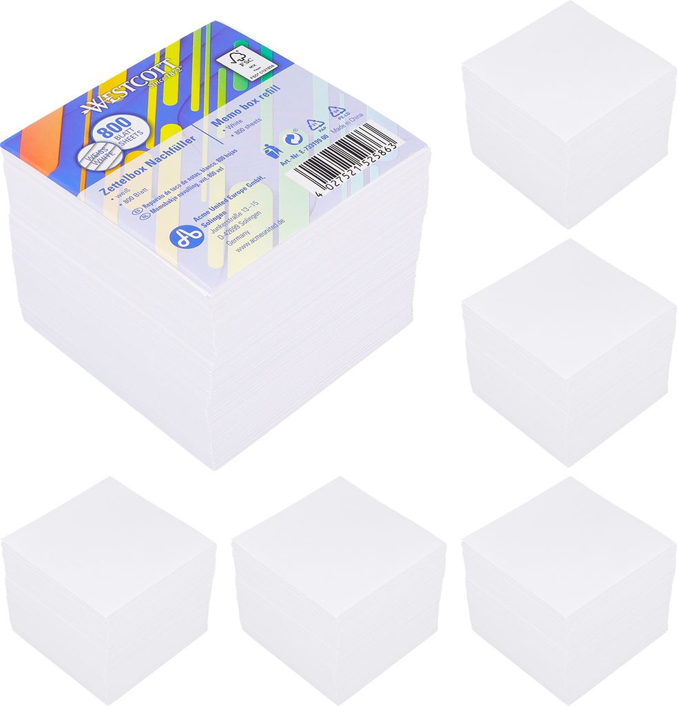 6x Zettelbox Nachfüller Memowürfel Nachfüllpapier 800 Blatt weißes PapierMix Notizzettel