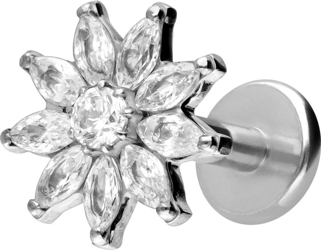 Ohrpiercing, Nasenpiercing Titan Labret mit Innengewinde KRISTALLBLUME Silber Stablänge: 10mm | Stabstärke: 1,2mm