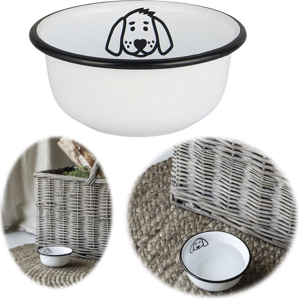 LS-LebenStil Vintage Fressnapf für Hunde Emaille Weiß 11x5cm Retro mit Motiv Napf Hundenapf Wassernapf Futterstation Futterbar Reisenapf klein Ke...