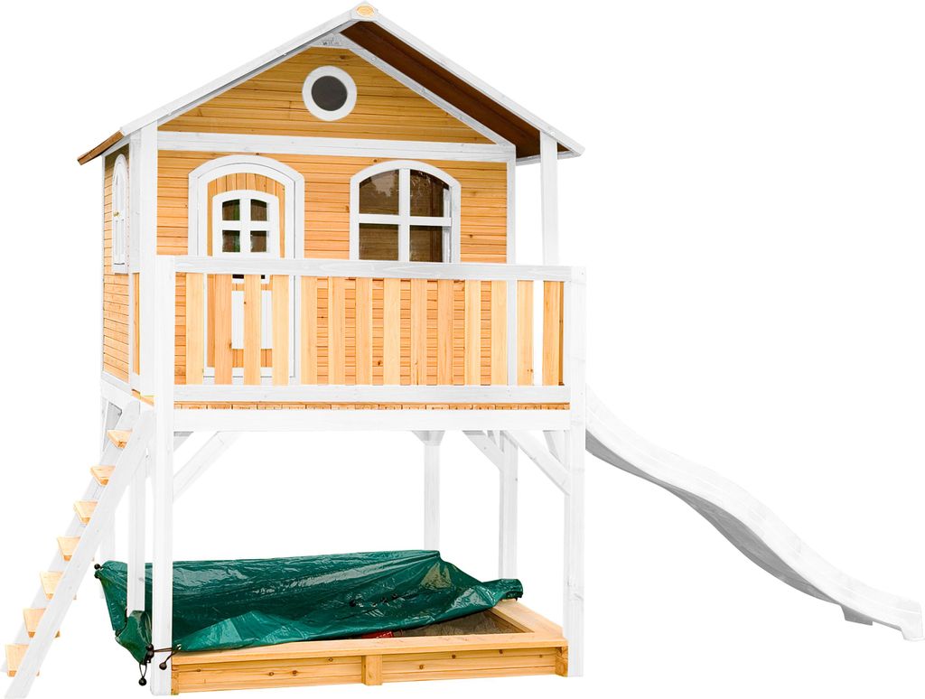 AXI Spielhaus Marc mit Sandkasten & weißer Rutsche | Stelzenhaus in Braun & Weiß aus Holz für Kinder | Spielturm mit Wellenrutsche für den Garten