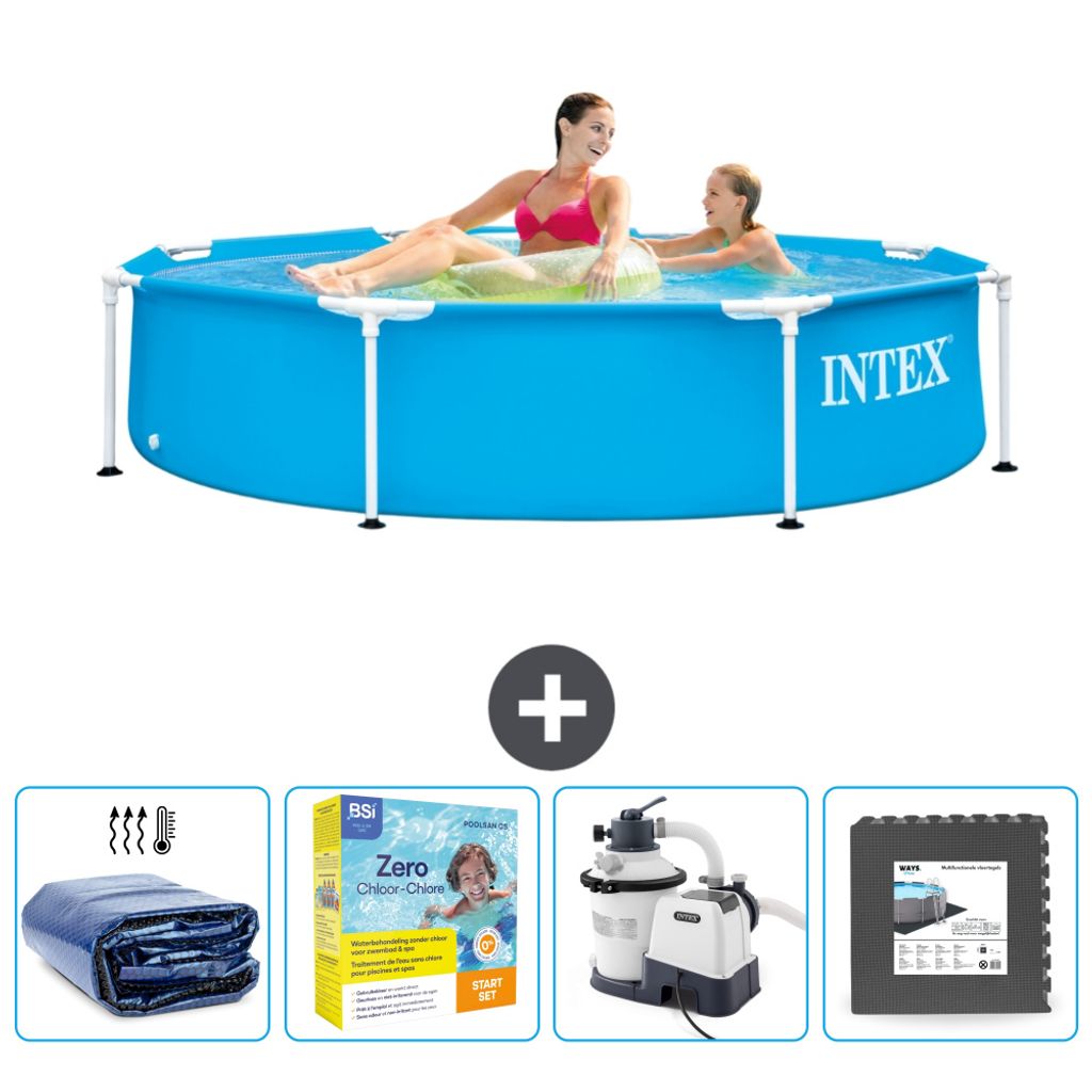 Intex-Schwimmbecken mit rundem Rahmen – 244 x 51 cm – Blau – im Lieferumfang enthalten Sonnensegel - Wartungspaket - Filterpumpe für Schwimm...