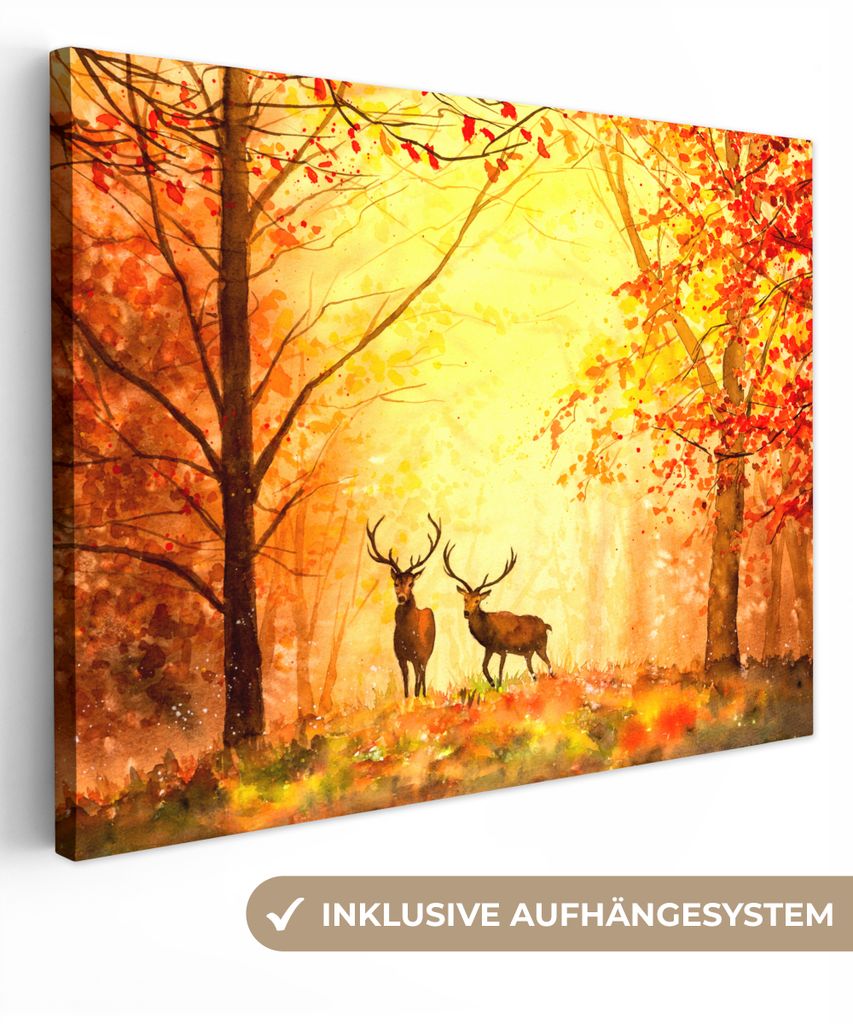 MuchoWow - Leinwandbilder - Natur - Ölfarbe - Hirsche - Tiere - Herbst - Orange, Wandbild, Wanddeko Bilder Wohnzimmer, 120x90 cm