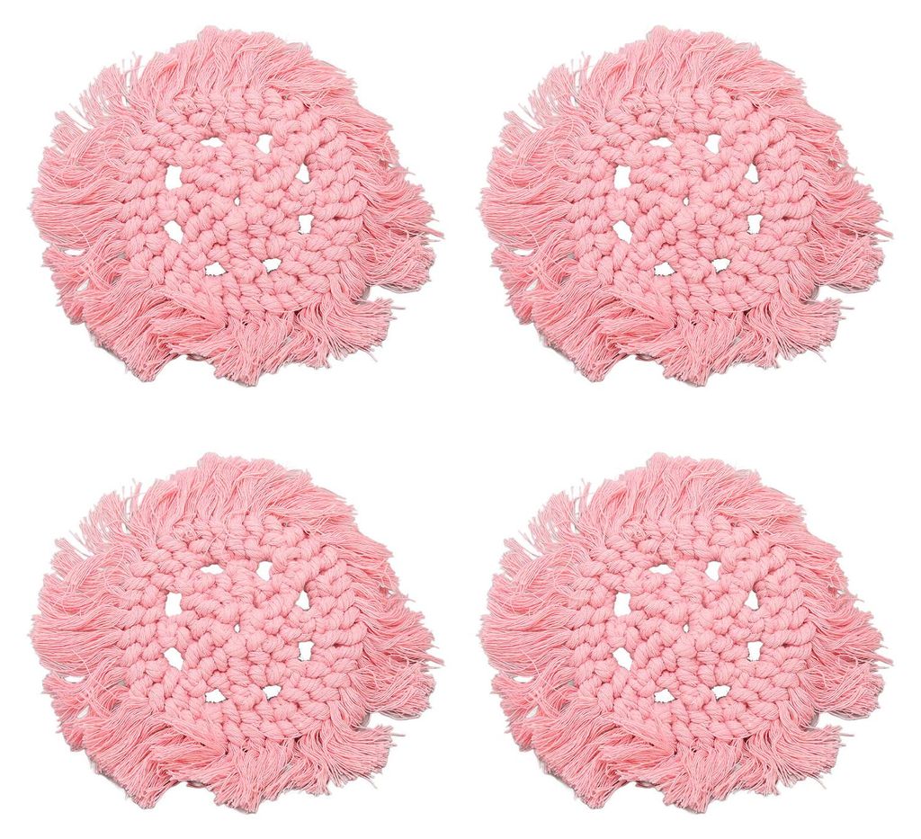 4er-Set gewebte Getränkeuntersetzer aus Baumwollgarn mit Quaste, rund, einfarbig, elegant, DIY-Lippenstifttopf-Untersetzer, rosa
