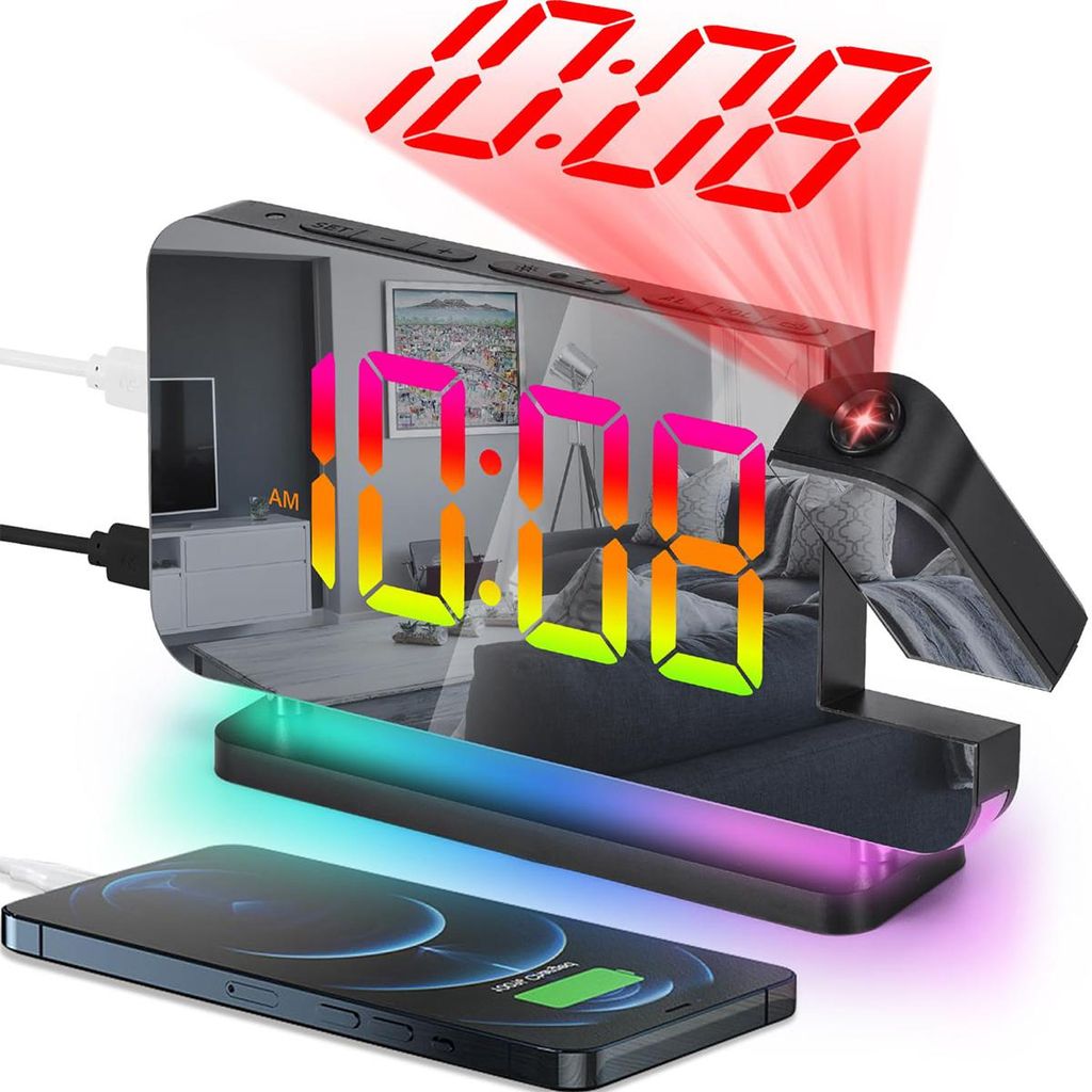 Projektionswecker, 7,4 Zoll digitale Spiegeluhr mit 180° Produktbild 