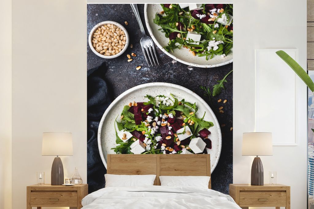 MuchoWow Fototapete für Wohnzimmer oder Schlafzimmer Wandtapete Vinyl Motivtapete Salat mit Feta-Käse - 195x300 cm - Das Hintergrundbild