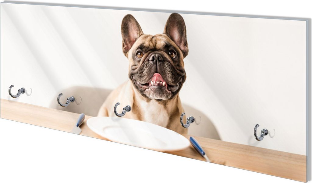 Wallario Flurgarderobe Wandgarderobe aus Glas, mit 5 Haken, Größe 80 x 30 cm, Motiv Hund freut sich auf Essen