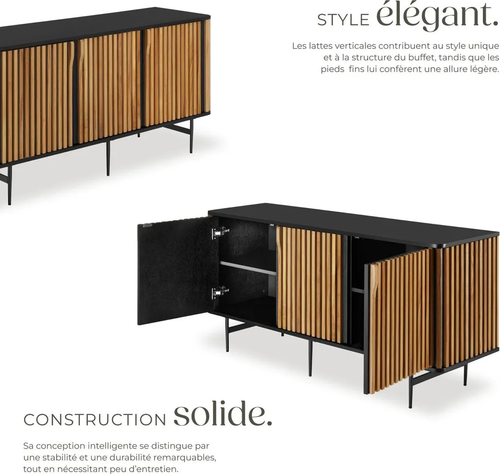 Buffet LINEO noir et marron avec compartiments de rangement design - 3