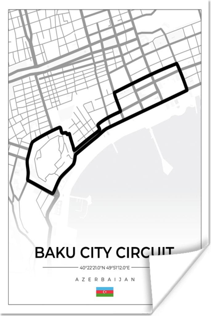 MuchoWow Poster Rennstrecke - Rundkurs - F1 - Baku City Circuit - Aserbaidschan - Weiß 60x90 cm - Wanddekoration