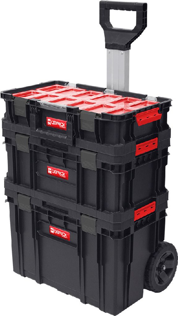 A stack of three black toolboxes with red lids and latches, on wheels, with a retractable handle extended.