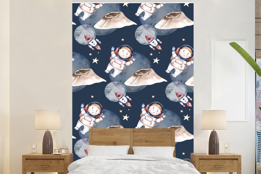 MuchoWow Fototapete für Wohnzimmer oder Schlafzimmer Wandtapete Vinyl Motivtapete Weltraum - Astronaut - Rakete - Jungen - Mädchen - Kind - 195...