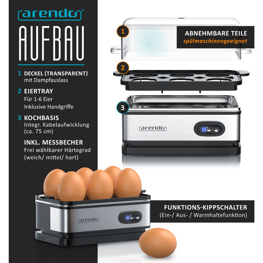 Arendo Eierkocher für 6 Eier, Edelstahl, Warmhaltefunktion, Produktbild 3