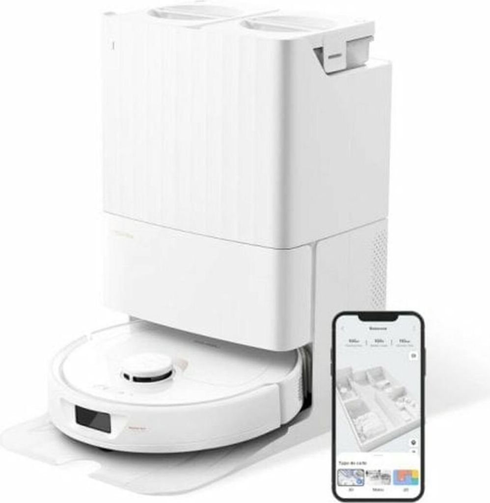A white robot vacuum cleaner with its charging and cleaning station, and a smartphone displaying its app interface.