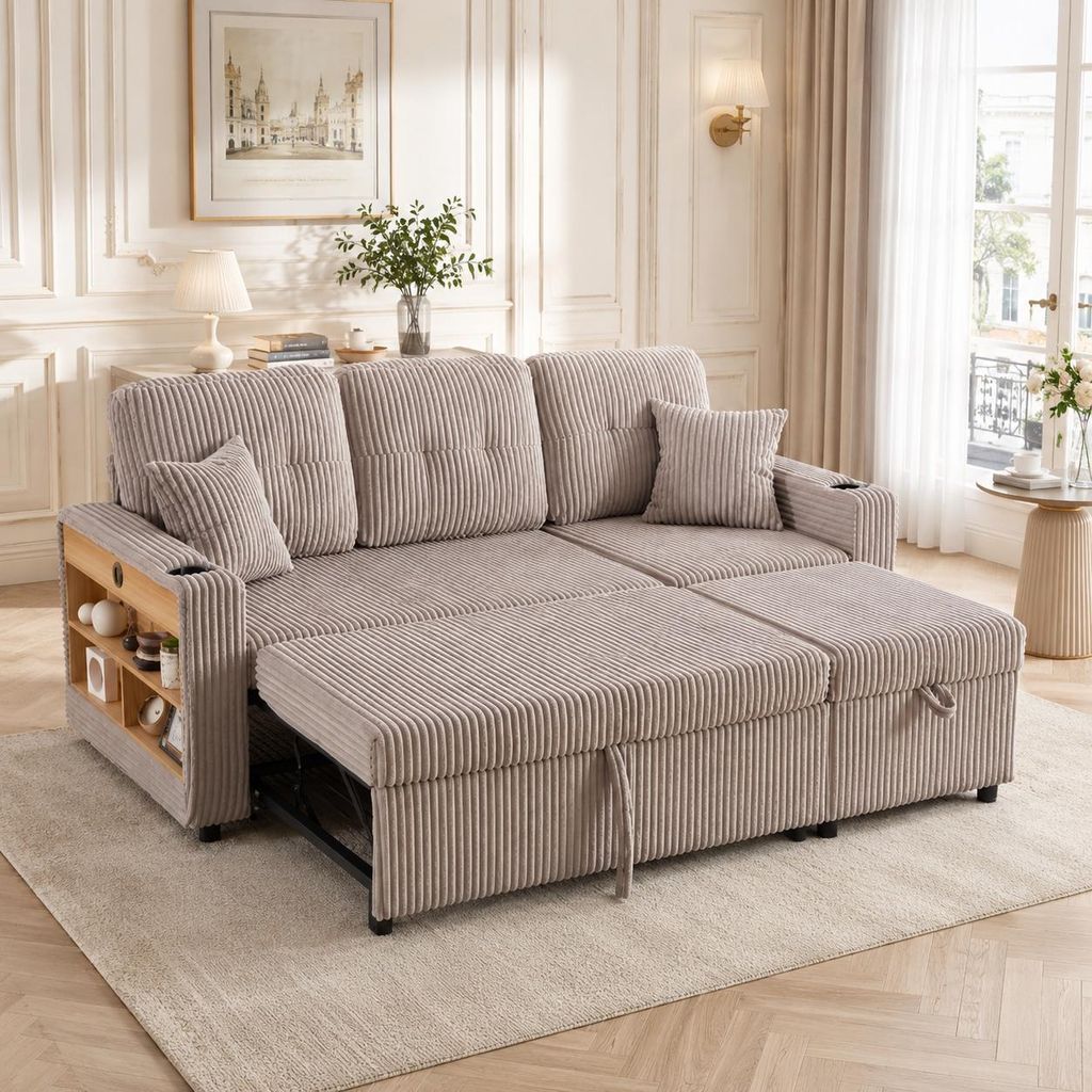 Schlafsofa mit Ausziehbett Cord Sofa ausziehbar mit Stauraum LED & USB-C Getränkehalter Funktionssofa Dauerschläfer Polstersofa Wohnzimmer Beige