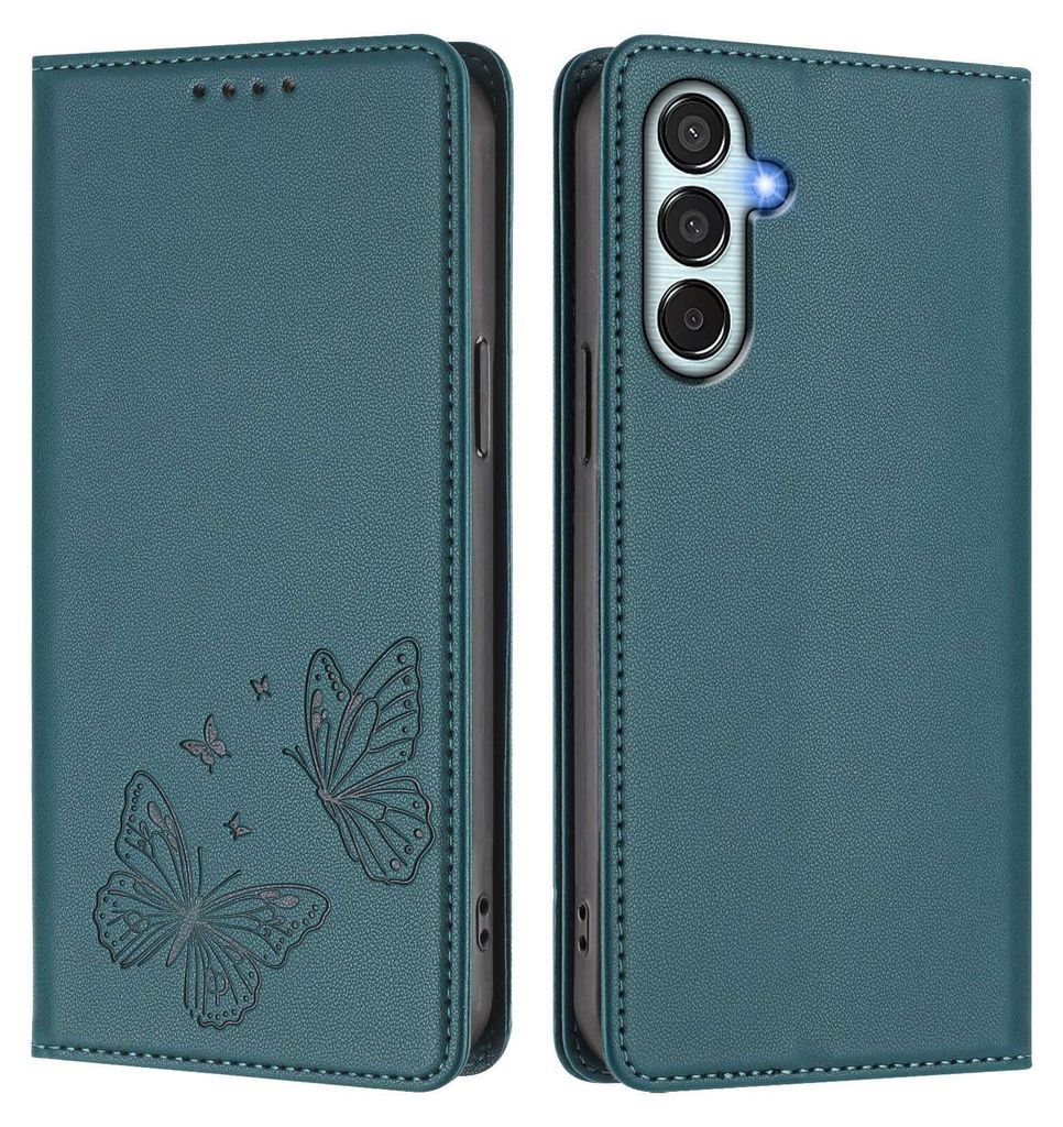 Lederhülle für Samsung Galaxy M15, Schmetterling Prägung Leder Brieftasche Schutzhülle mit Ständer Grün