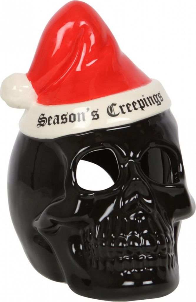 Schwarzer Totenkopf mit Weihnachtsmannmütze Teelichthalter